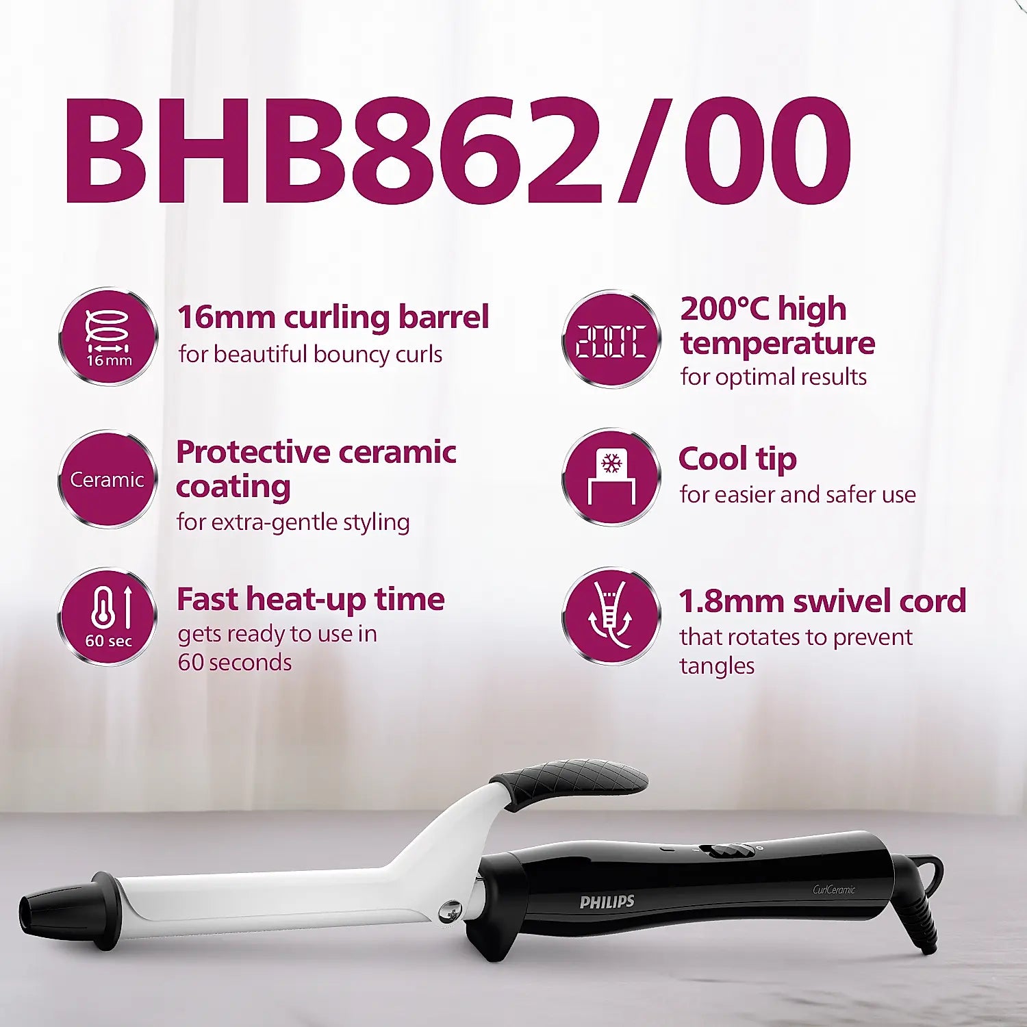 Hair Curler Philips 16mm Barrels for Bouncy Curls | 200 °C Heat Temperature in 60 sec for salon like results | BHB862/00