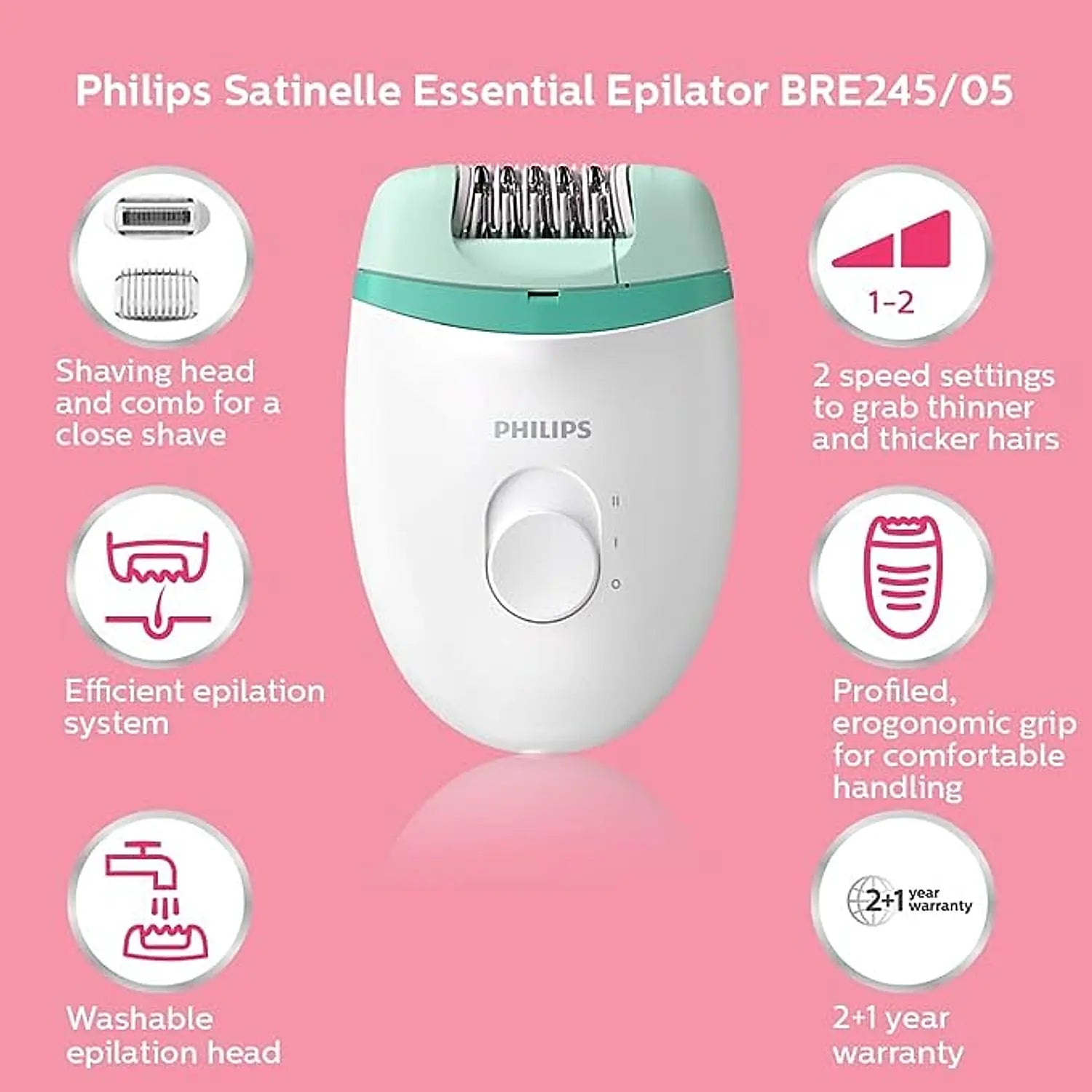 Epilator Philips 2 in 1 Shaver and Epilator | Corded Epilator for Gentle hair removal at home | BRE245/00