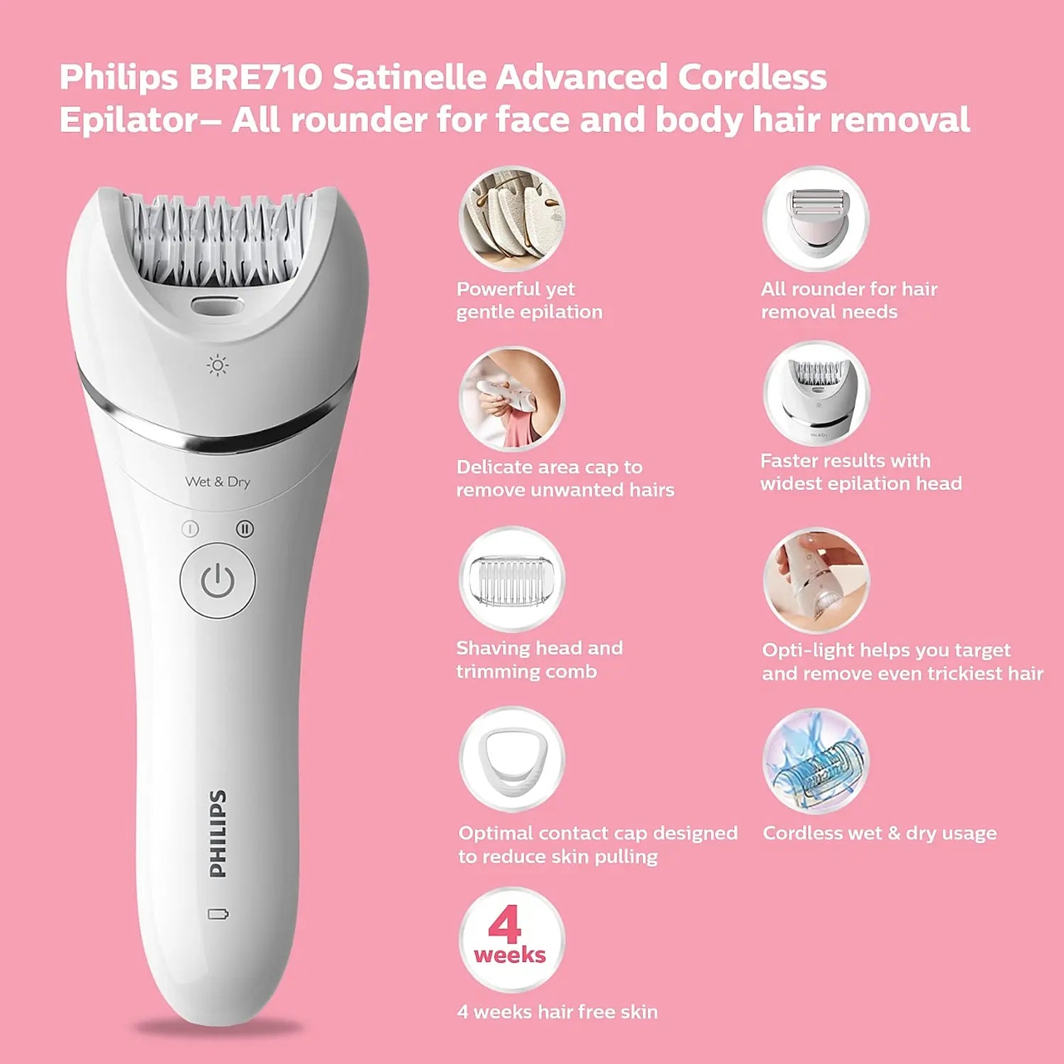 Epilator Philips All Rounder for Face & Body Hair Removal | Gentle Epilation for Smooth Skin up to 4 Weeks | BRE710/00