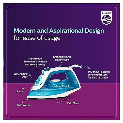 Steam Iron Philips with Black non-stick soleplate and Steam Rate of up to 15 g/min - DST0820/20