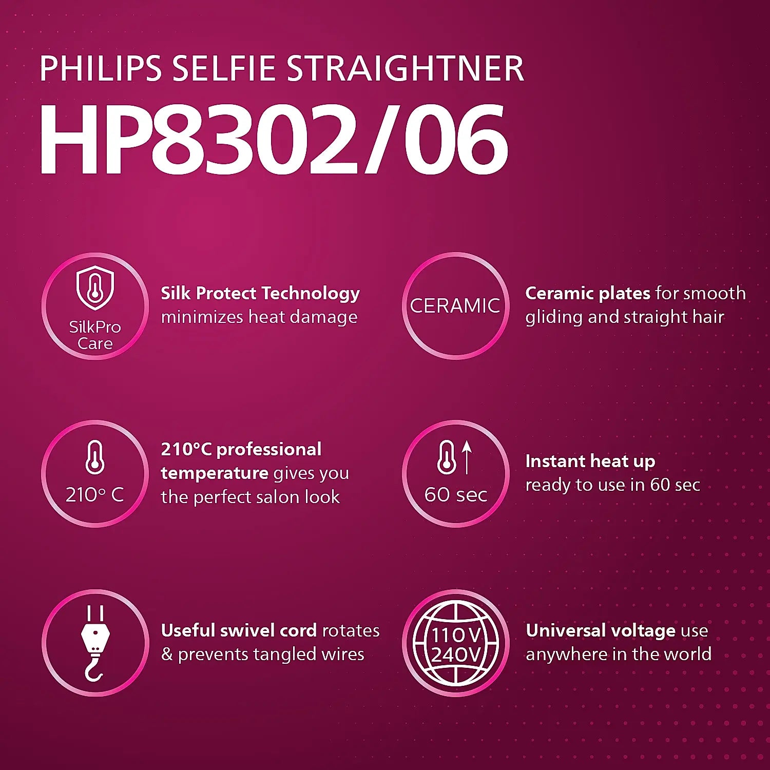 Hair Straightener Philips Minimized Heat Damage with SilkPro Care I Ceramic Coated Plates HP8303/06