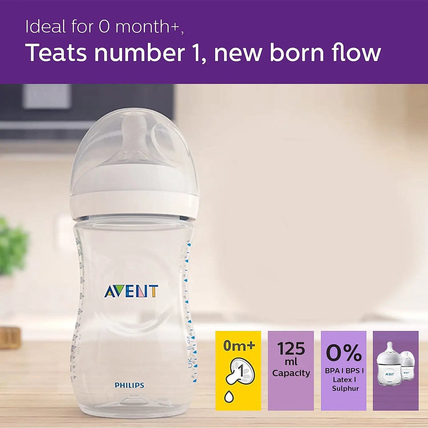 Avent Natural Bottle | Ideal for 0 Month+ | New Born Flow | BPA Free | 125ml Pack of 2 | SCF030/20