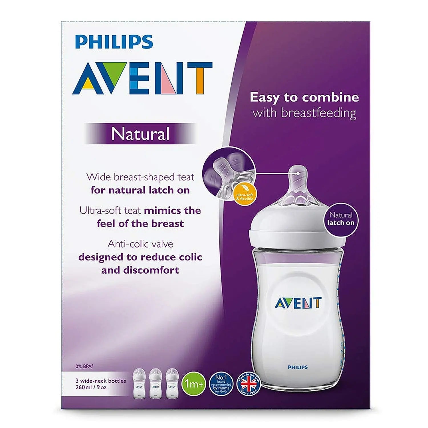 Avent Natural Bottle | Ideal for 1 Month+ | Slow Flow | BPA Free | 260ml | No 1 Recommended Brand by Moms Worldwide | SCF033/10