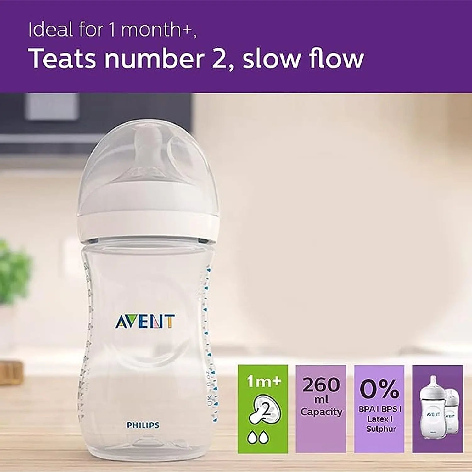 Avent Natural Bottle | Ideal for 1 Month+ | Slow Flow | BPA Free | 260ml | No 1 Recommended Brand by Moms Worldwide | SCF033/10