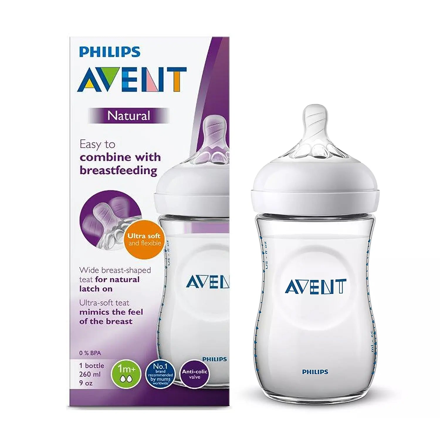 Avent Natural Bottle | Ideal for 1 Month+ | Slow Flow | BPA Free | 260ml | Pack of 2 | SCF033/20