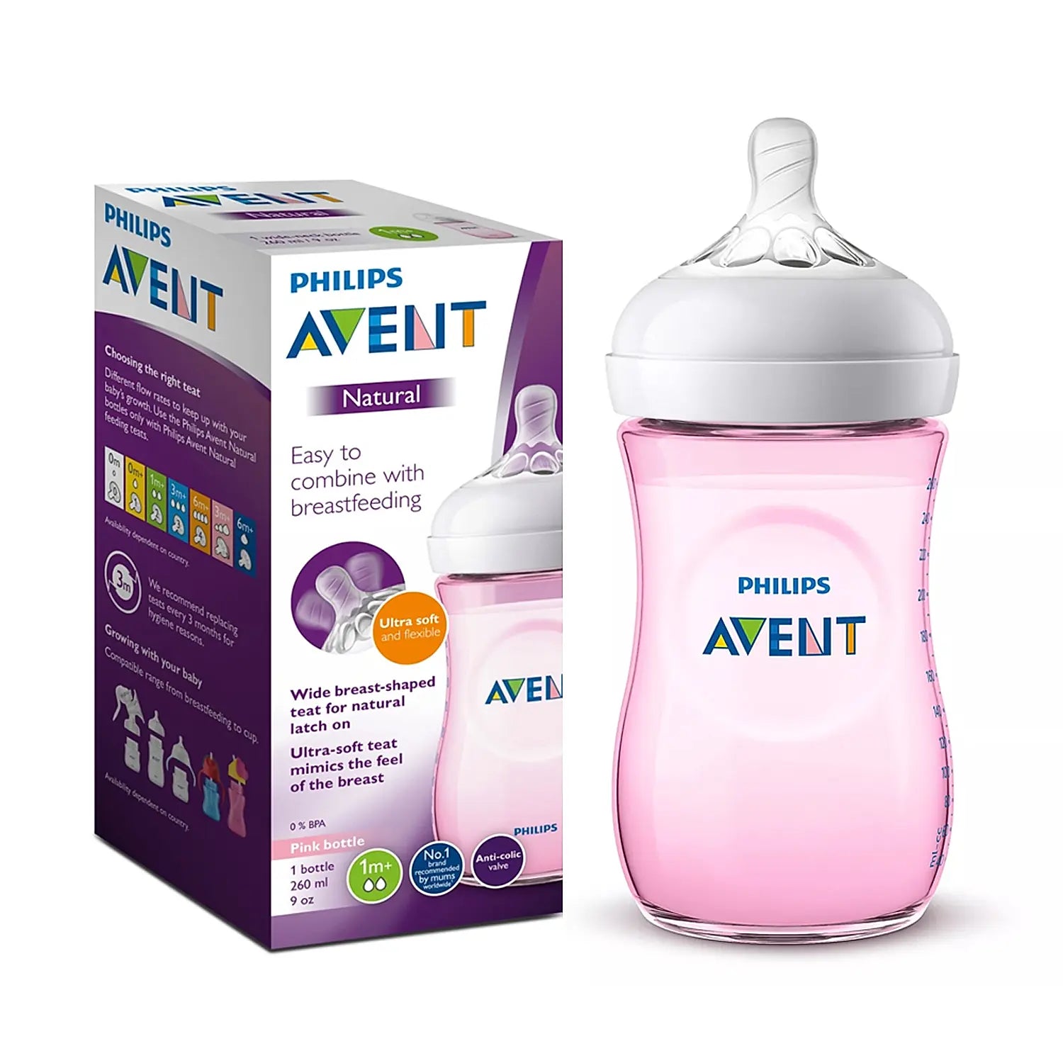 Avent Natural Bottle | Ideal for 1 Month+ | Slow Flow | BPA Free | Pink Color | 260ml | SCF034/10