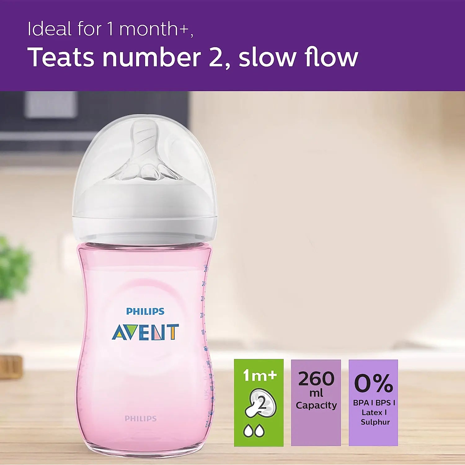 Avent Natural Bottle | Ideal for 1 Month+ | Slow Flow | BPA Free | Pink Color | 260ml | SCF034/10